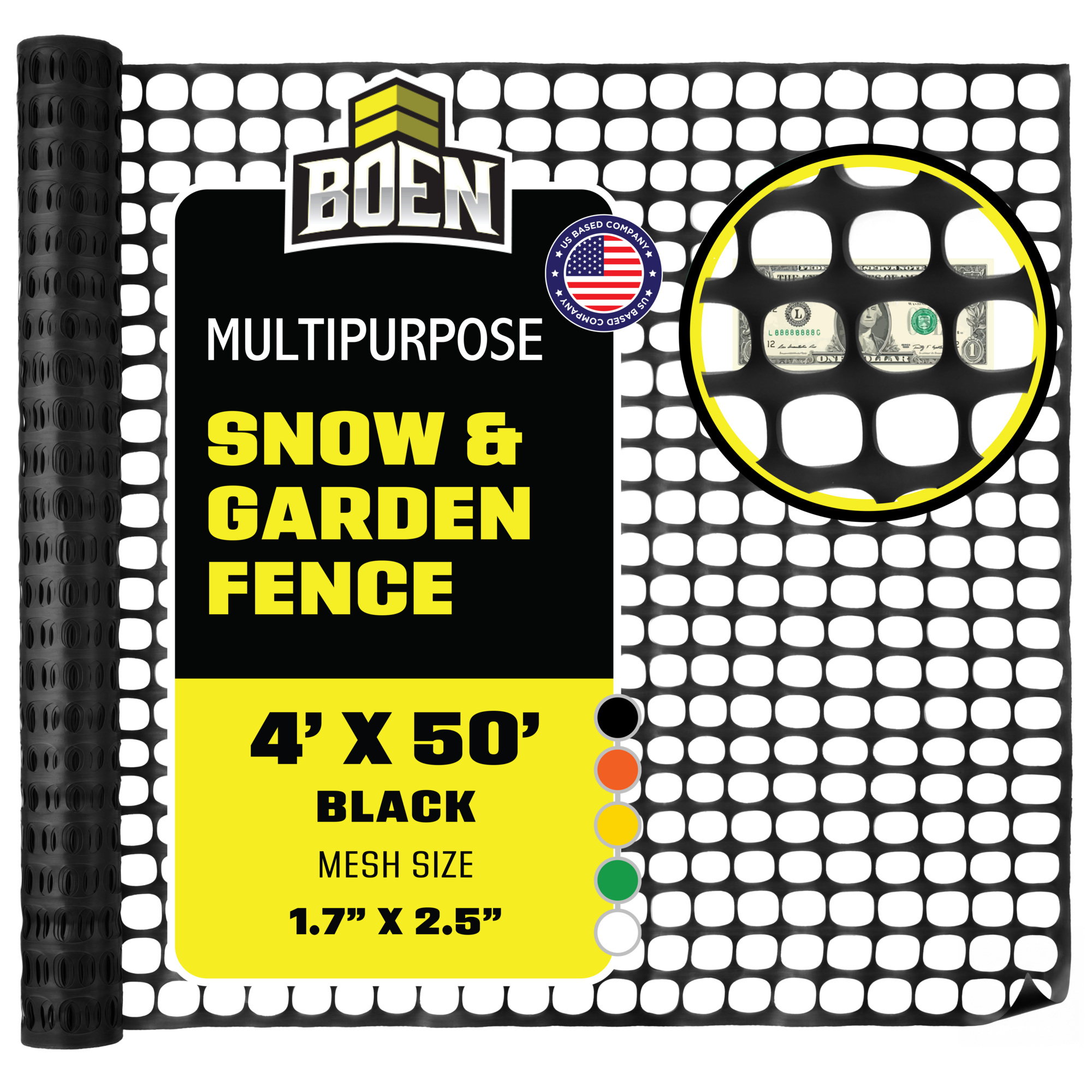Boen Black Temporary Fencing 4 ft x 50 ft, Mesh Snow Fence, Plastic, Safety Garden Netting, Above Ground Barrier, for Deer, Kids, Swimming Pool, Silt, Lawn, Rabbits, Poultry, Dogs, Construction